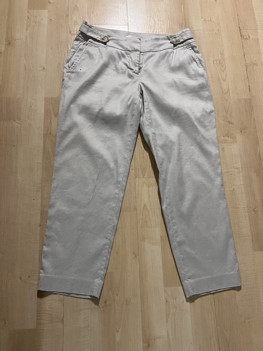 LOFT Petites Marisa Pants Womens 2P Beige Linen Blend Cropped Trousers Button